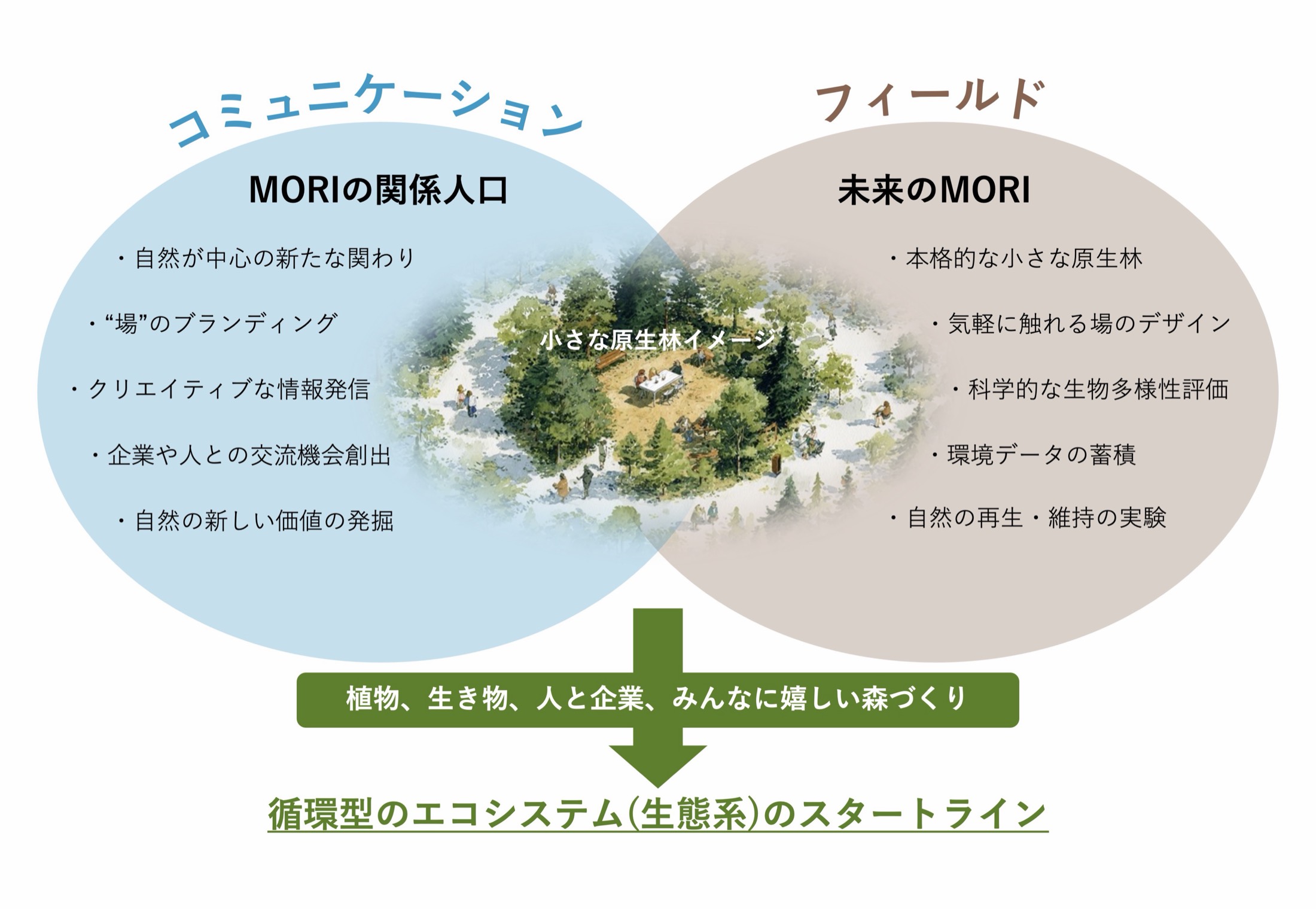 MORIGAWAの事業概要図：未来のMORIとMORIの関係人口の構築
